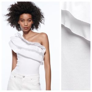 NWT. Zara White Asymmetric Ruffled Bodysuit. Size S, M, L.